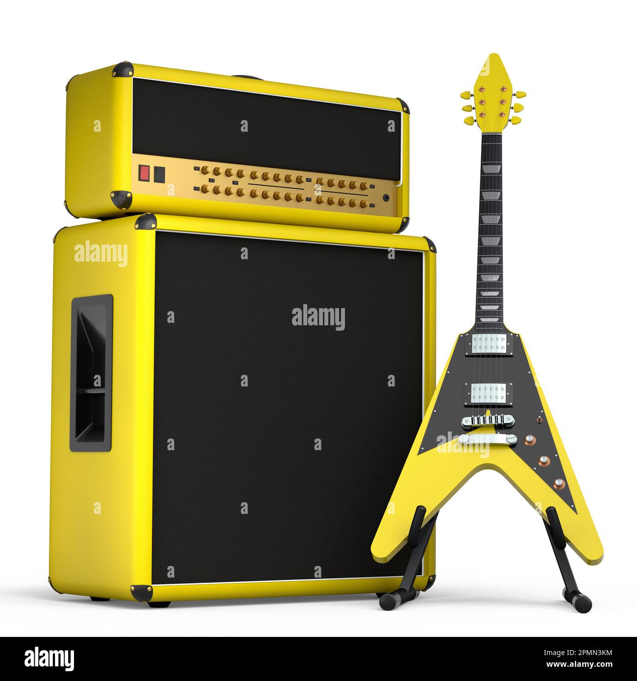 Classical amplifier with electric or acoustic guitar on stand isolated on white background. 3d