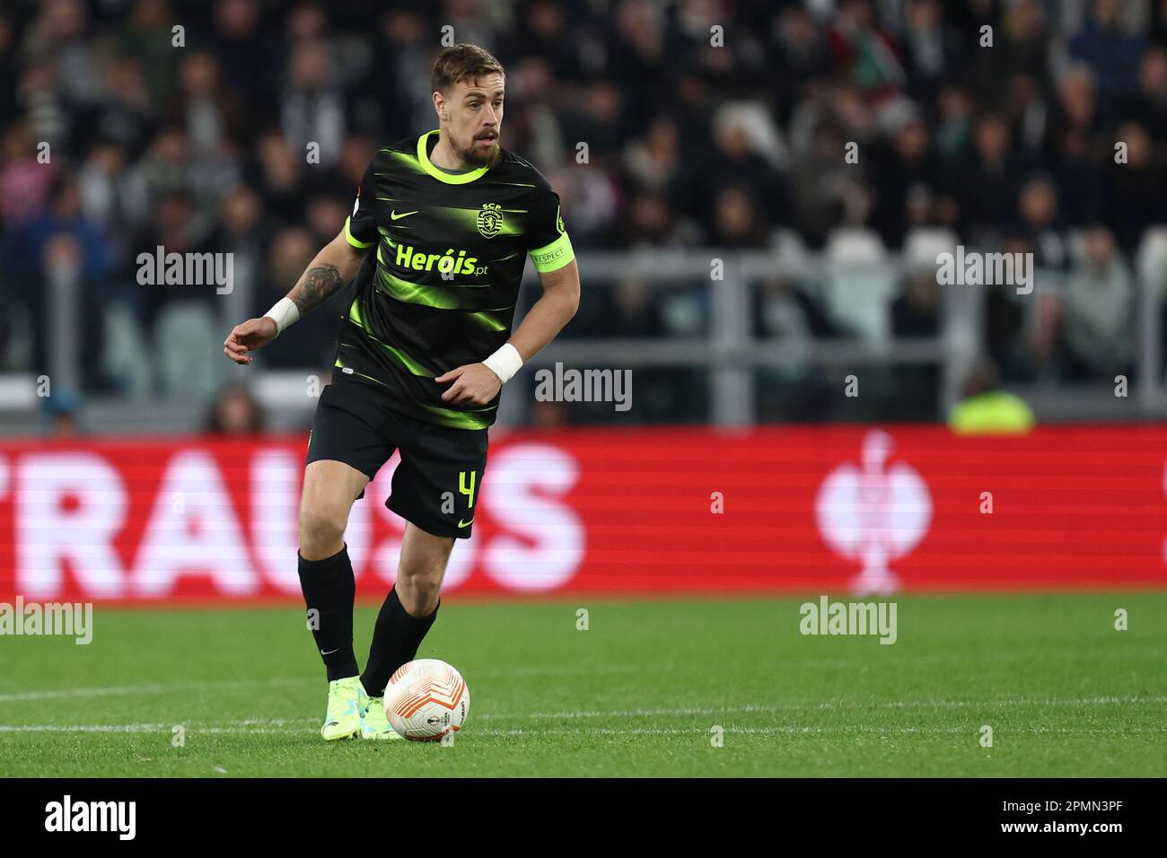 Torino, Italy. 13th Apr, 2023. Sebastian Coates of Sporting Clube de Portugal in action during the UEFA Europa League quarter-final first leg match beetween Juventus Fc and Sporting Clube de Portugal at Allianz Stadium on April 13 2023 in Turin, Italy . Credit: Marco Canoniero/Alamy Live News Stock Photo