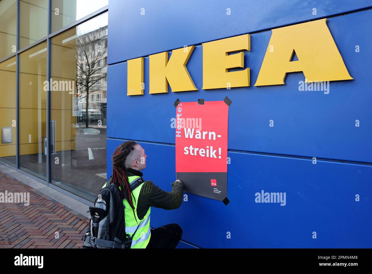 Hamburg, Germany. 14th Apr, 2023. A poster reading "Warning strike" is