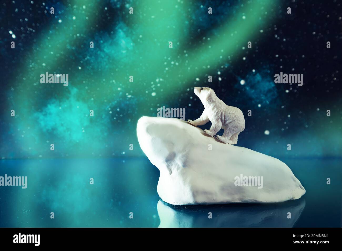 Polar bear on an ice floe in the cold northern sea. Starry arctic night. Northern lights. Stock Photo