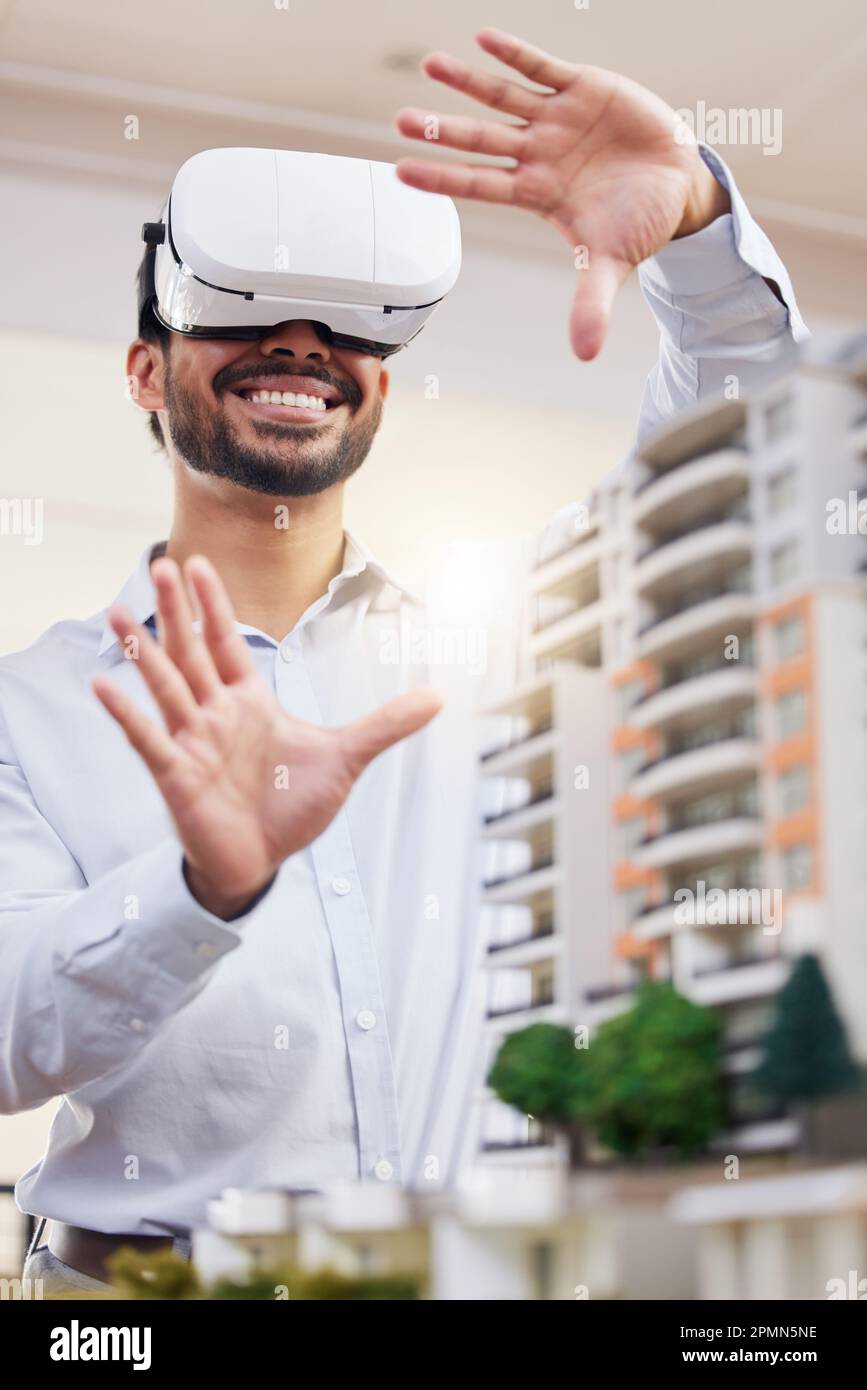 Architect, happy man and virtual reality architecture model, construction and building, future technology and UX. VR goggles, design and engineering Stock Photo