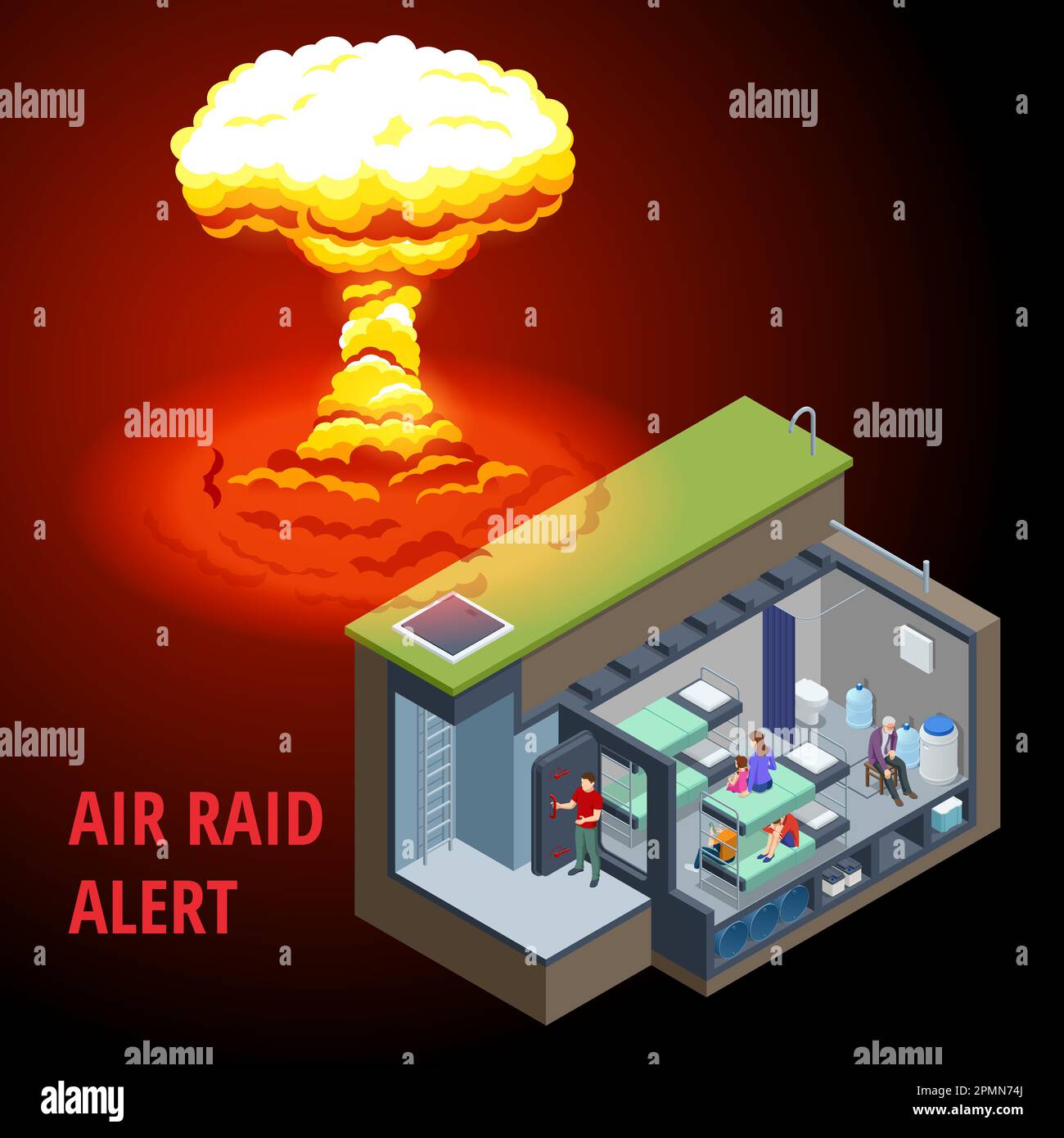 Isometric atomic bomb explosion and underground bunker, concrete bomb shelter, air-raid shelter. Underground bomb shelter with beds, a supply of food Stock Vector
