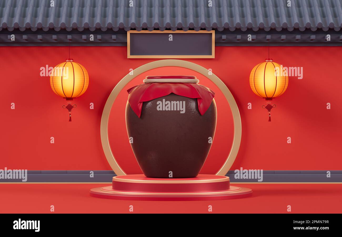 Chinese ancient wine jar with ancient background, 3d rendering. Digital