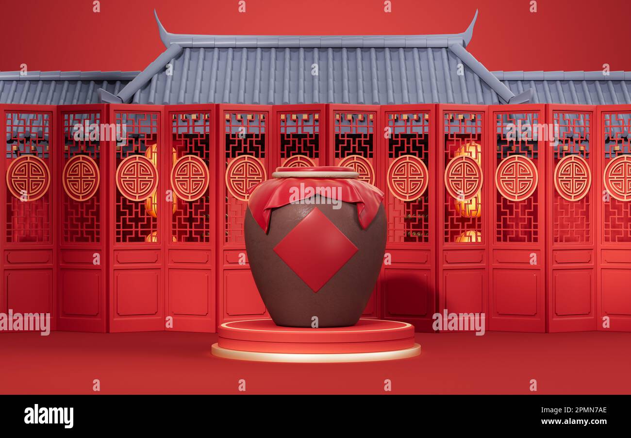 Chinese ancient wine jar with ancient background, 3d rendering. Digital