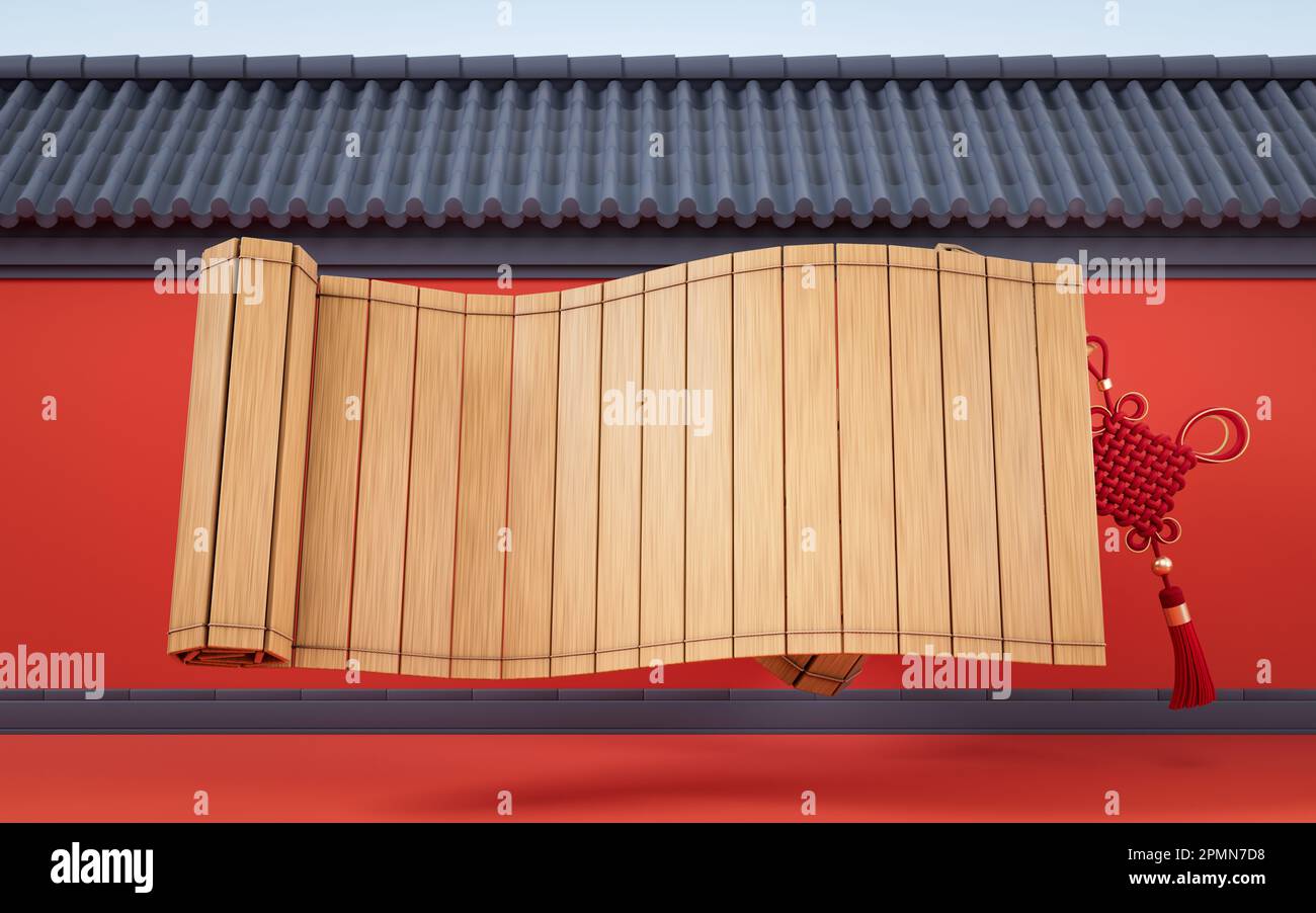 Retro Chinese acient bamboo slip, 3d rendering. Digital drawing. Stock Photo