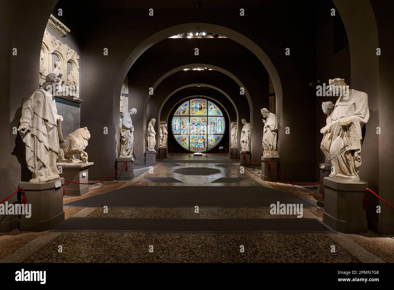 Museo dell'Opera Metropolitana del Duomo, Cathedral Museum with marble statues, altarpieces and restored medieval stained glass windows, Siena Stock Photo