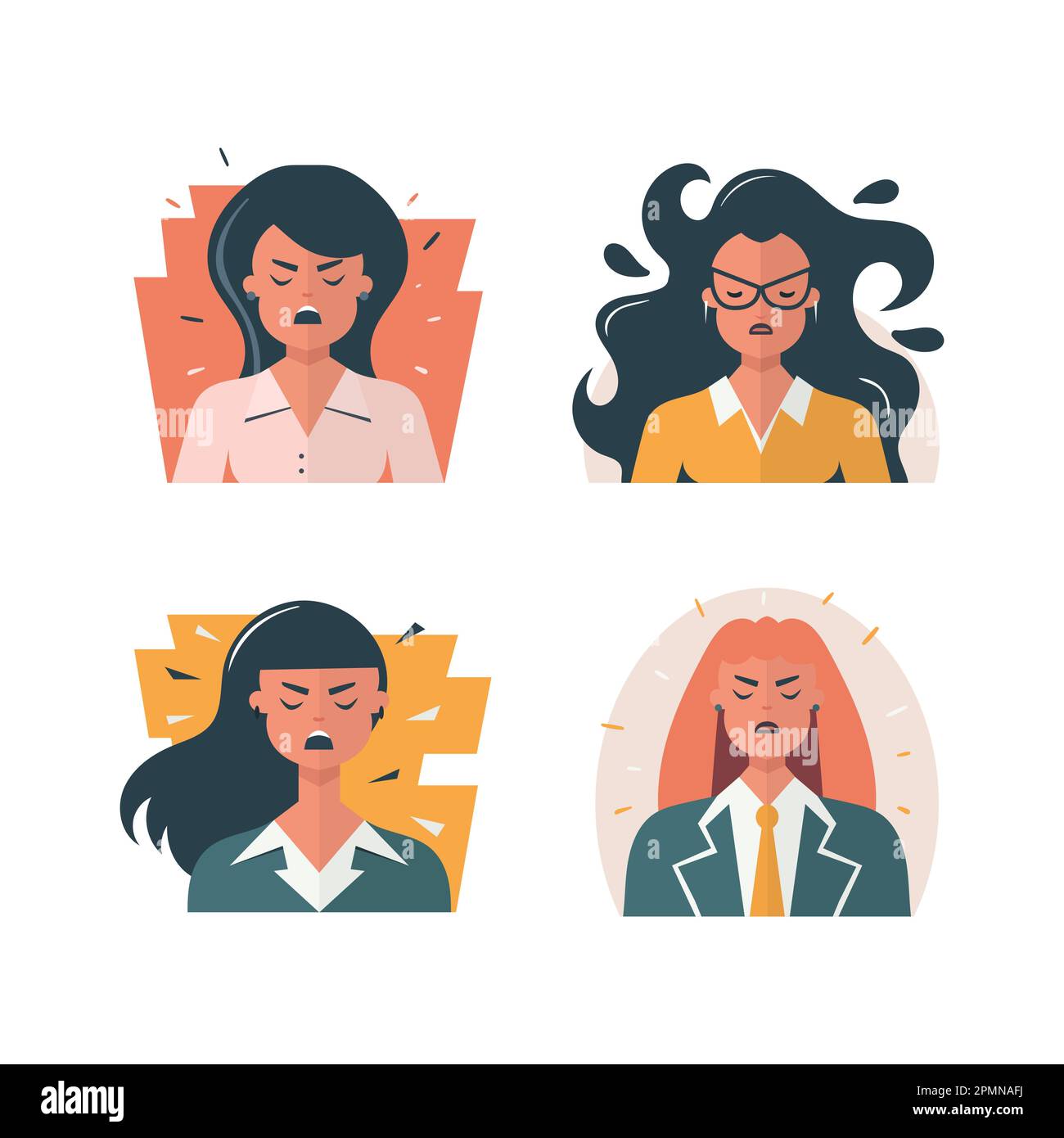 Angry woman faces set. Vector flat character, negative emotions concept ...