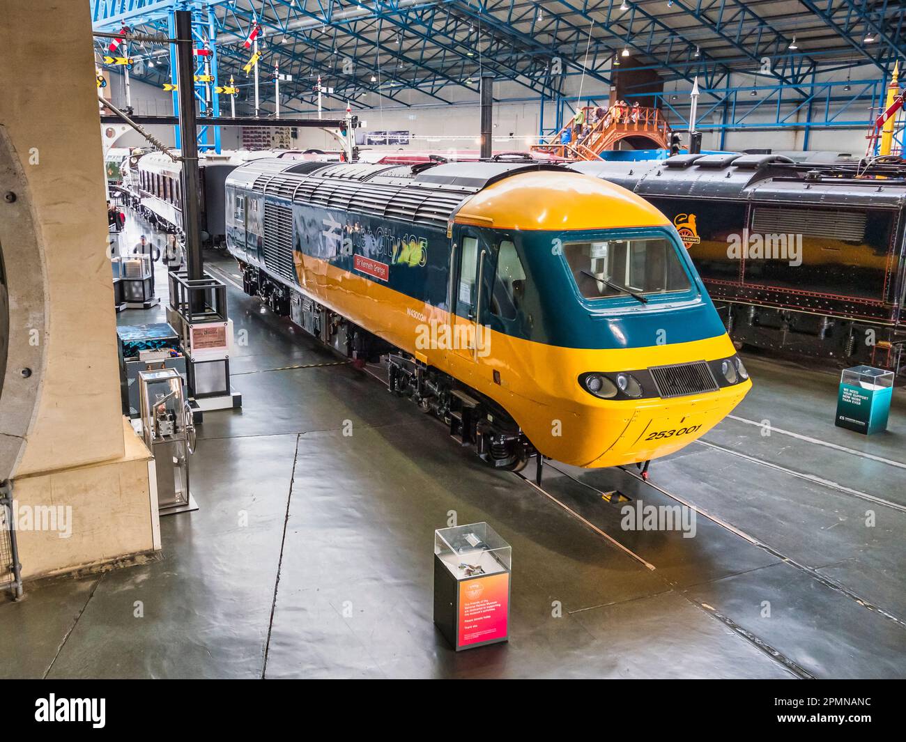 General image inside the National Railway Museum in York seen here overlooking the great hall that features two of the Inter-City 125 diesel trains Stock Photo