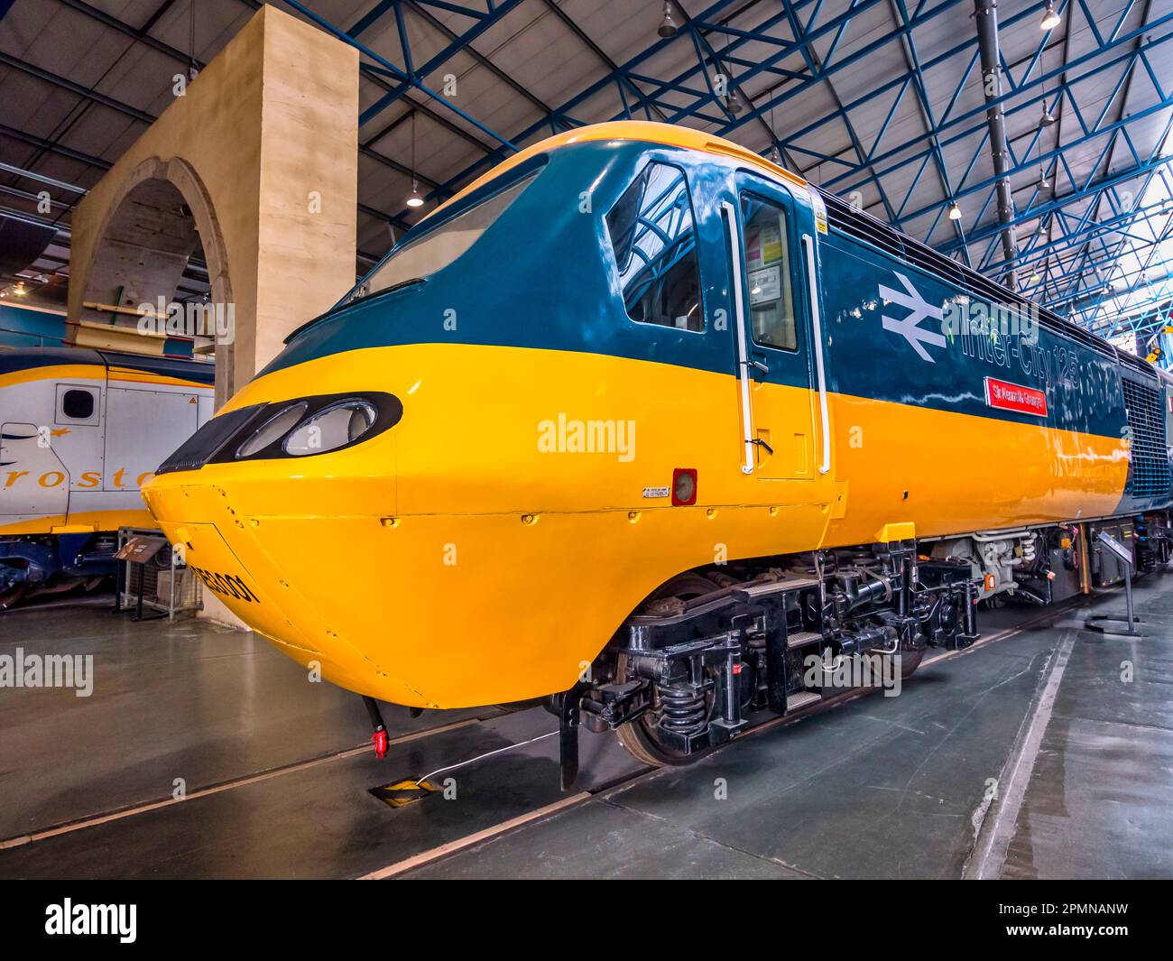 General image inside the National Railway Museum in York seen here overlooking the great hall that features two of the Inter-City 125 diesel trains Stock Photo