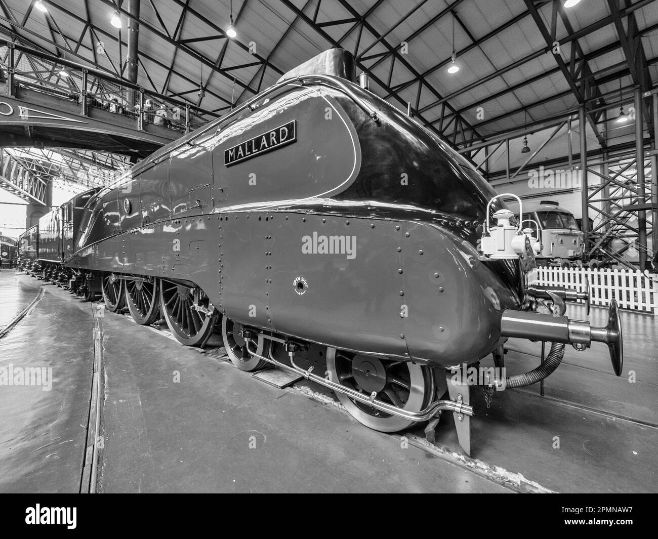 General image inside the National Railway Museum in York seen here with streamlined Mallard that set a record speed of 126mph in 1938 a record for a s Stock Photo