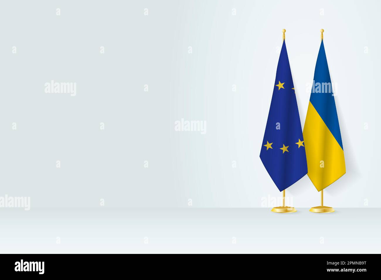 Flags of European Union and Ukraine on flag stand, meeting between two countries. Vector template. Stock Vector