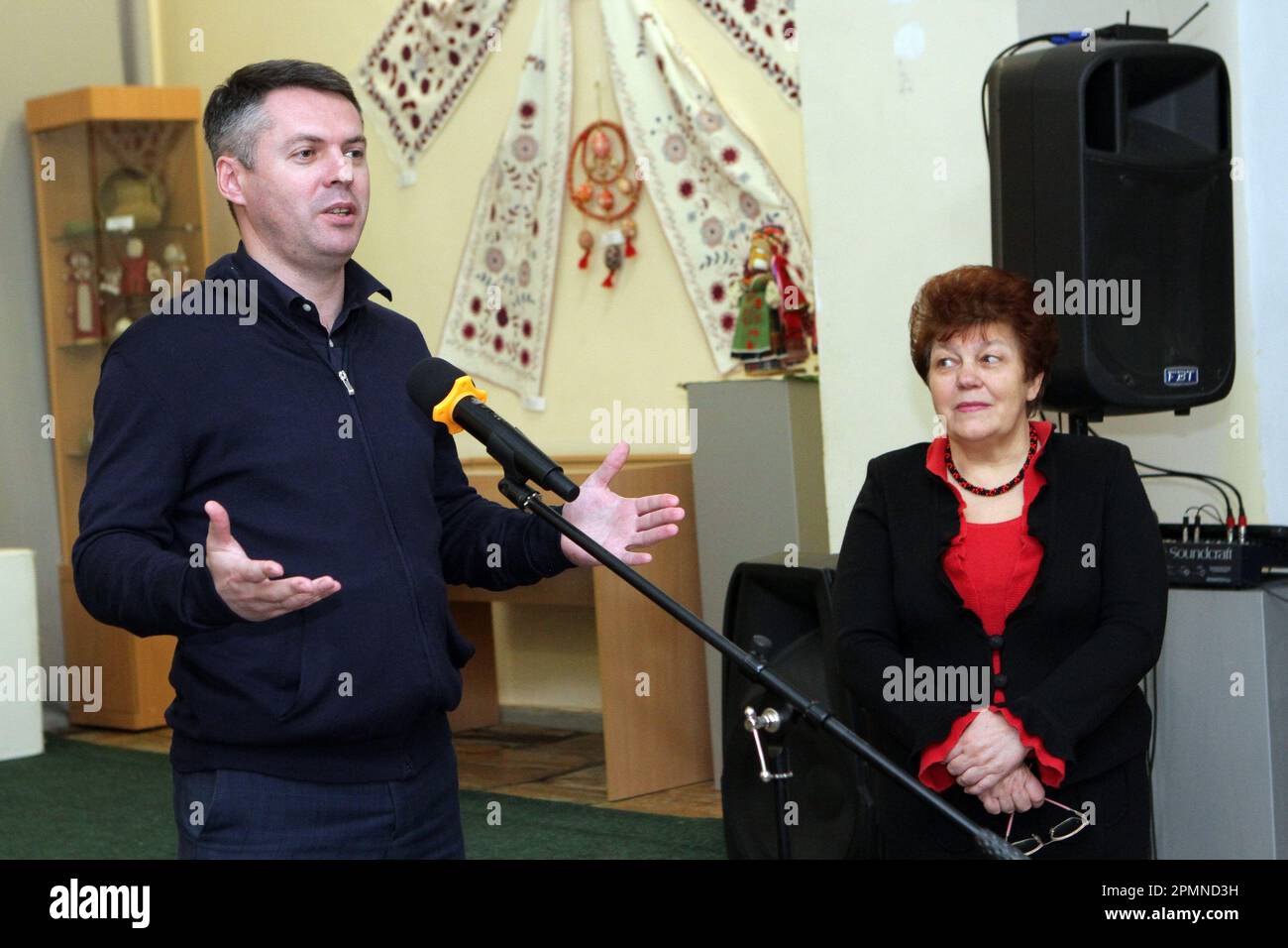 DNIPRO, UKRAINE - APRIL 13, 2023 - Director of the Department of Culture of the Dnipro City Council Yevhen Khoroshylov speaks during the All-Ukrainian exhibition of folk art 'Artistic Attributes of Easter Holidays' at the House of Arts, Dnipro, eastern Ukraine.Credit: Ukrinform/Alamy Live News Stock Photo