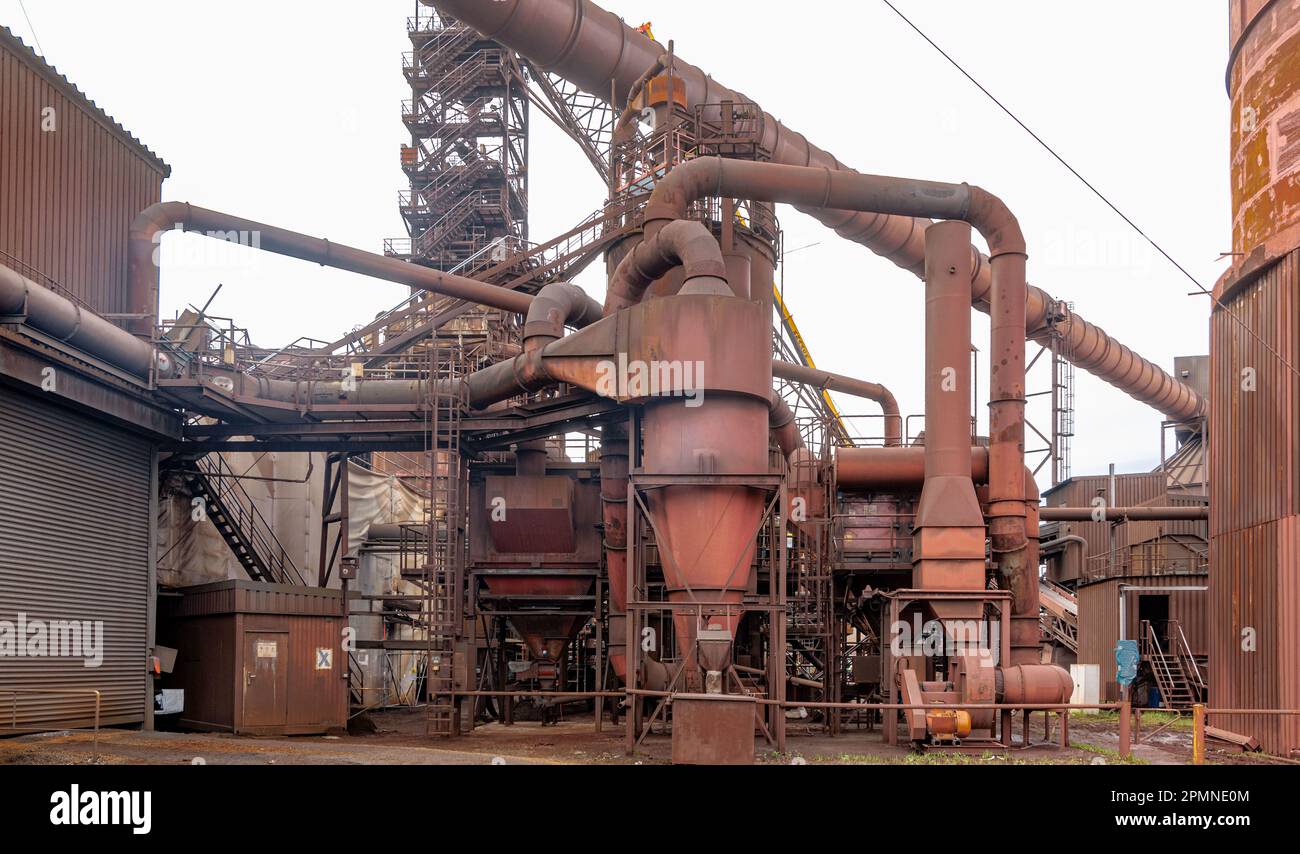 Hamburg, Germany. 14th Apr, 2023. The direct reduction plant at the  ArcelorMittal steel site in Hamburg, whose shaft furnace firing is to be  converted to more climate-friendly hydrogen in the long term.