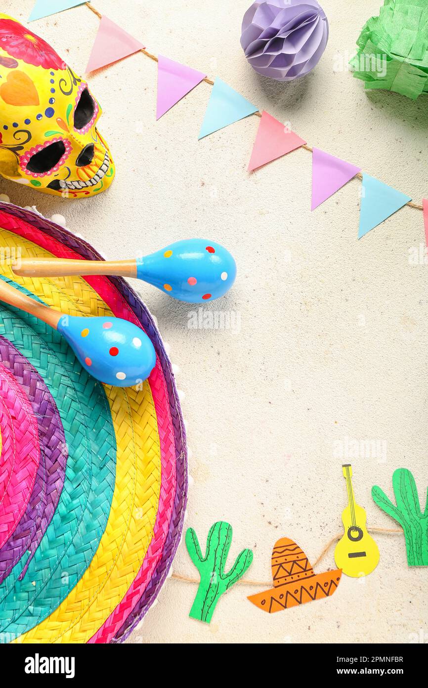 Frame made of Mexican symbols with flags on white background Stock Photo