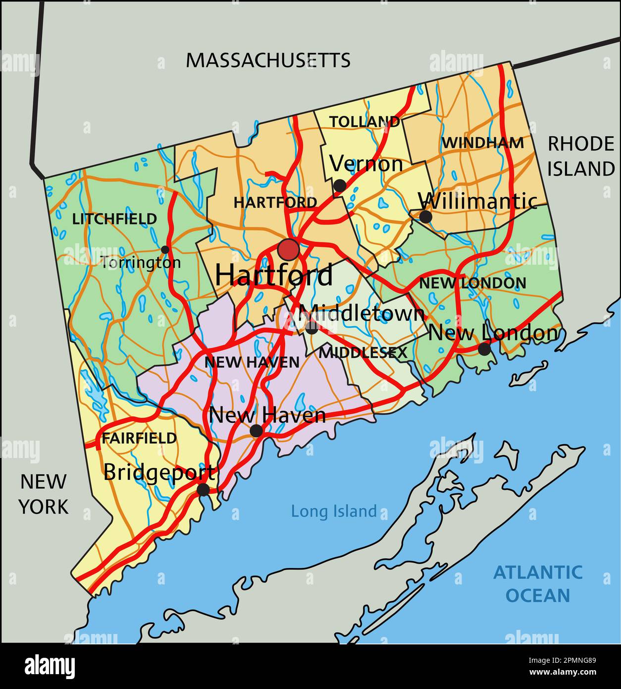 Connecticut - Highly detailed editable political map with labeling 