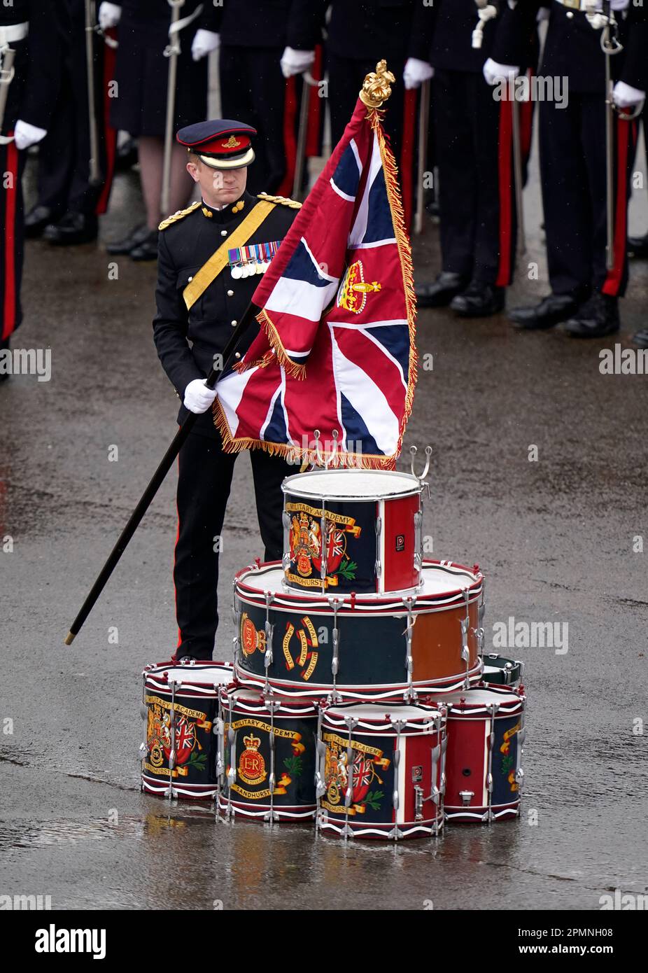 A new colour for Royal Military Academy Sandhurst (RMAS) is placed on