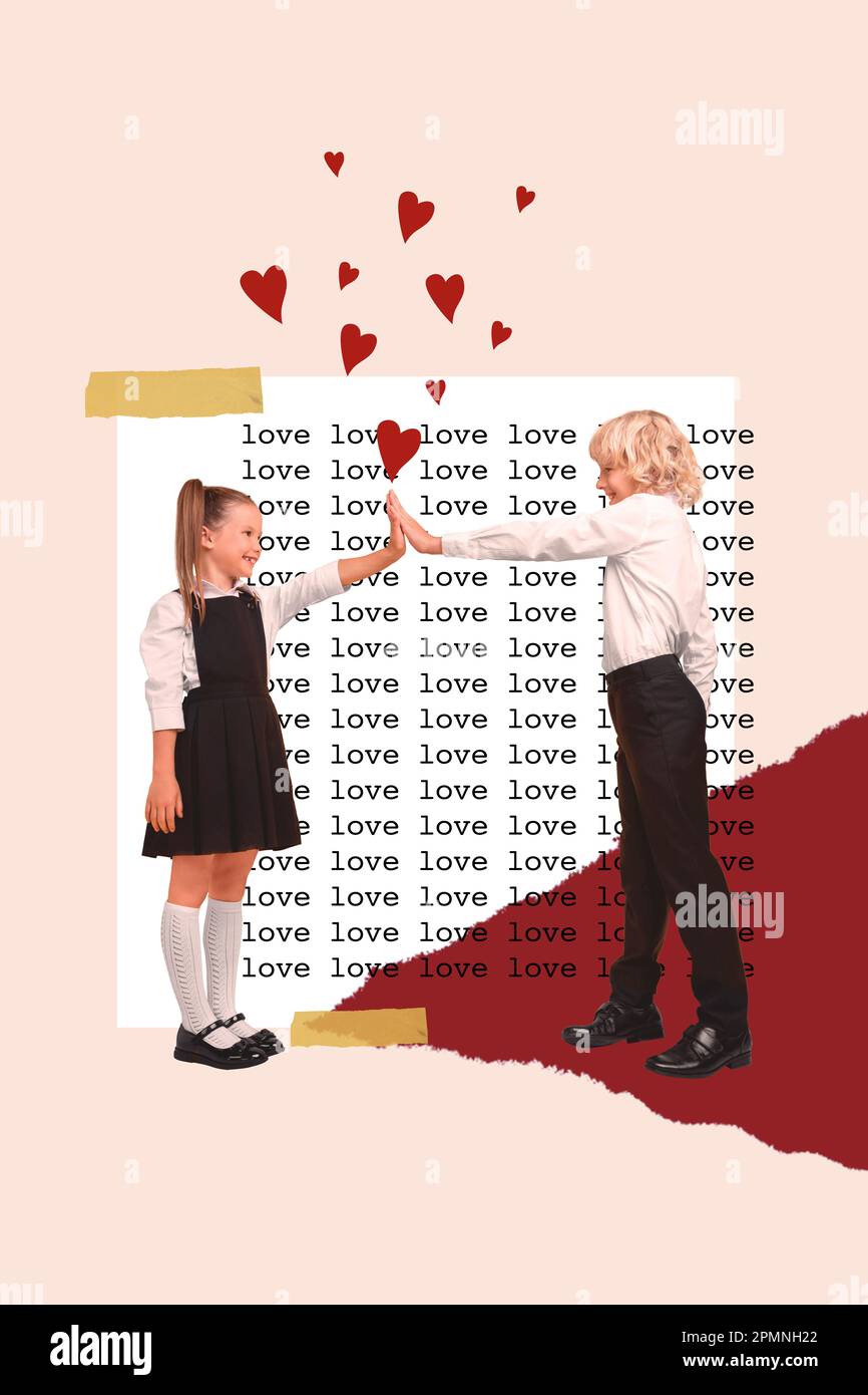 Composite collage of young little couple friends preteen wear school uniform together first love high five isolated on beige background Stock Photo