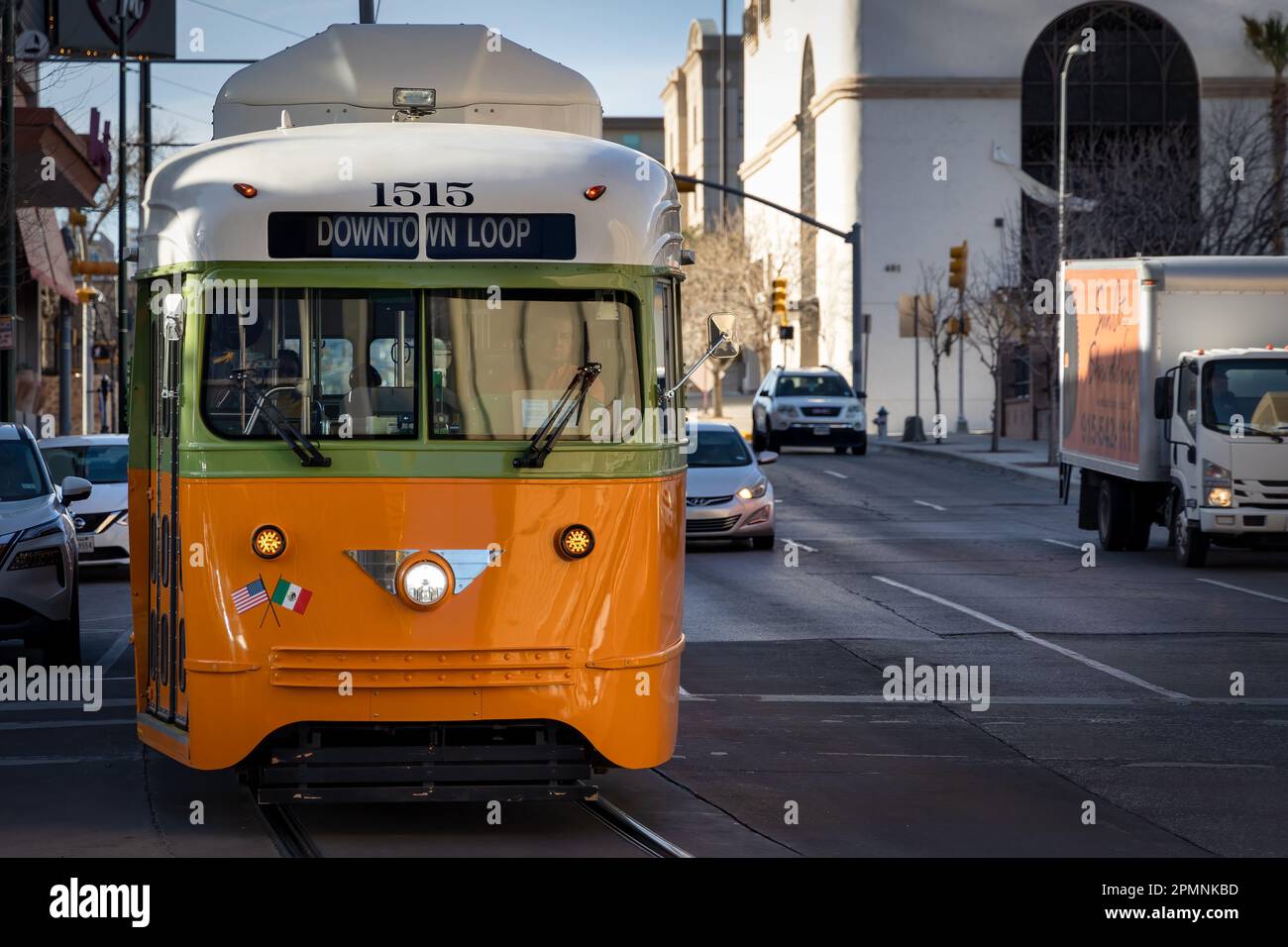 A vintage trolley car, part of the mass transit system of the downtown