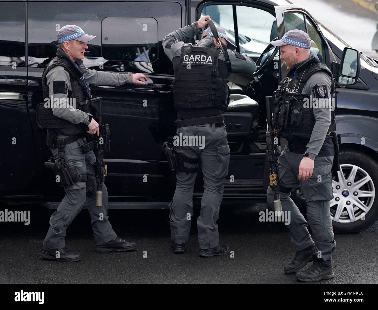 Members of the Garda emergency response unit who are providing security for the arrival of US President Joe Biden Ireland West Airport Knock, in County Mayo, on the last day of his visit to the island of Ireland. Picture date: Friday April 14, 2023. Stock Photo
