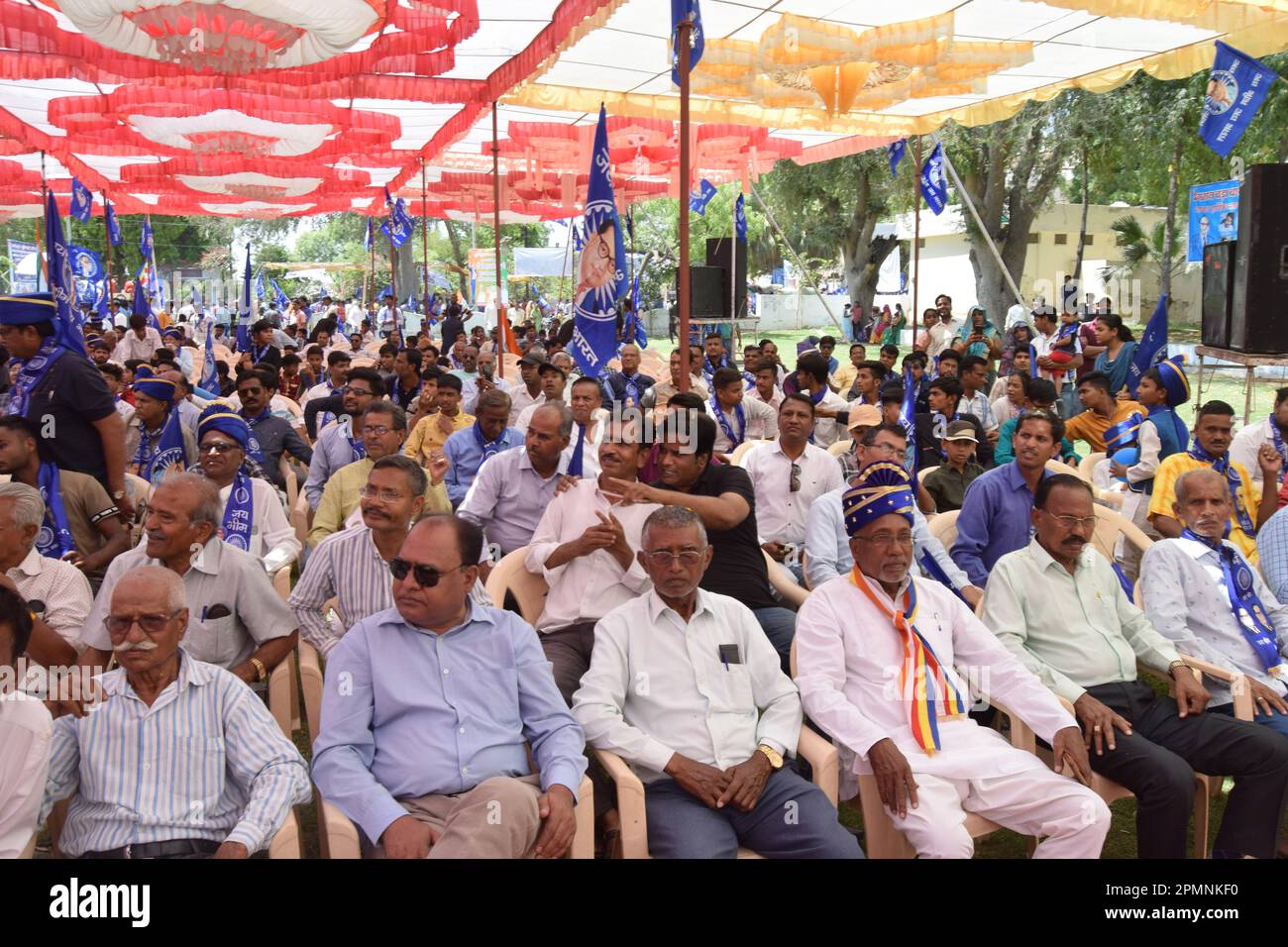 Beawar, Rajasthan, India, April 14, 2023: Members of Dalit community take part in a event on the occasion of birth anniversary of Babasaheb Bhimrao Ambedkar in Beawar. Ambedkar Jayanti is celebrated on April 14 to mark the birth anniversary of Dr. Bhimrao Ambedkar, who is also remembered as the 'Father of the Indian Constitution'. Ambedkar was an Indian jurist, economist, politician and social reformer who inspired the Dalit Buddhist Movement. Credit: Sumit Saraswat/Alamy Live News Stock Photo