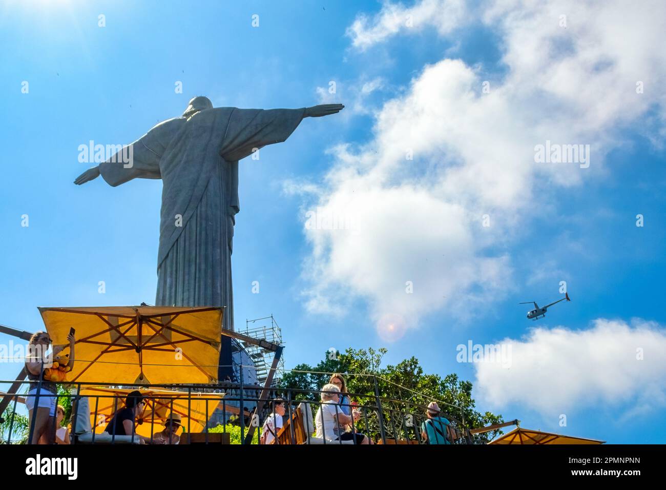 Rio de Janeiro, Brazil - April 4, 2023: Unusual view of the Christ the Redeemer statue. The piece of art has an art-deco style. Stock Photo
