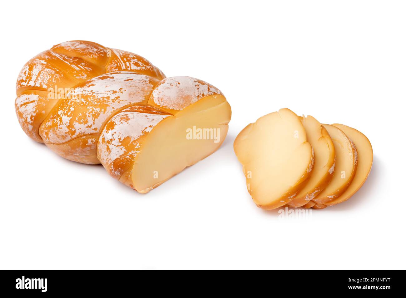 Traditional Romanian smoked cheese, Cascaval afumat,impletit, and slices isolated on white background Stock Photo