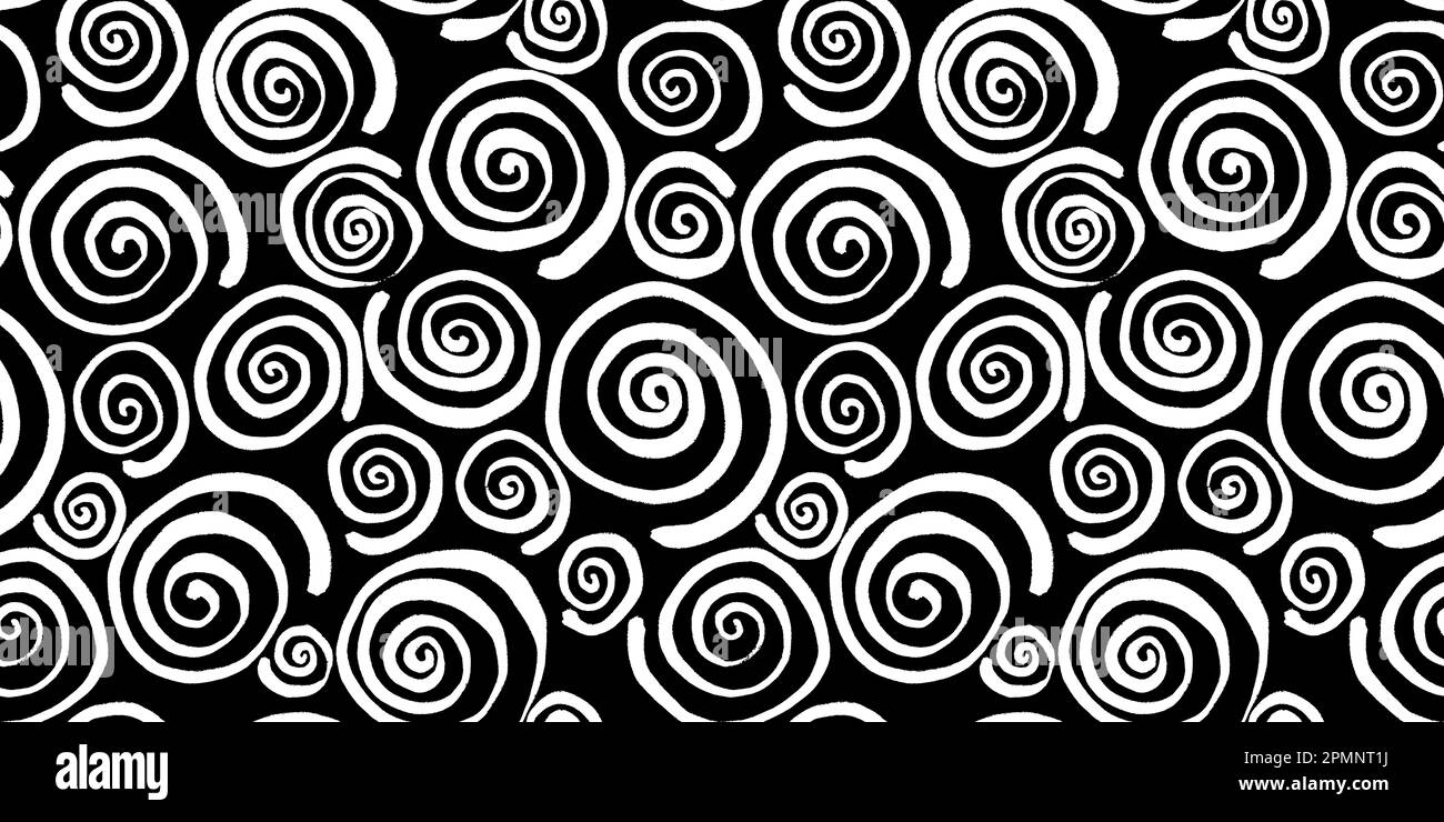Seamless pinwheel squiggly spiral pattern of wonky hand drawn white painted curly stripes on black background. Simple abstract blender motif texture i Stock Photo
