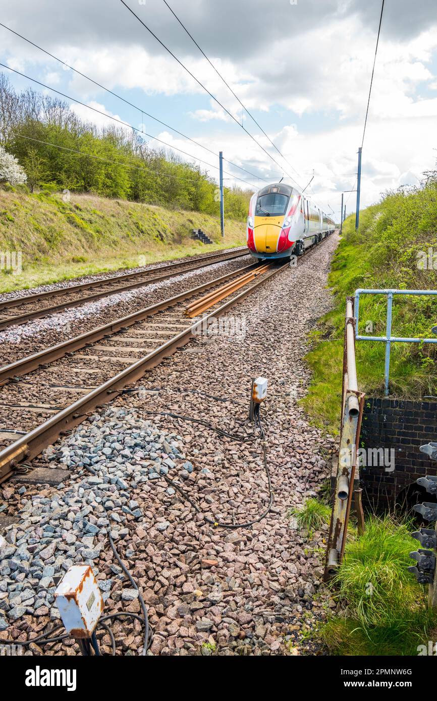 The new LNER Azuma electric train operating on the East Coast Mainline,  England, UK. Stock Photo