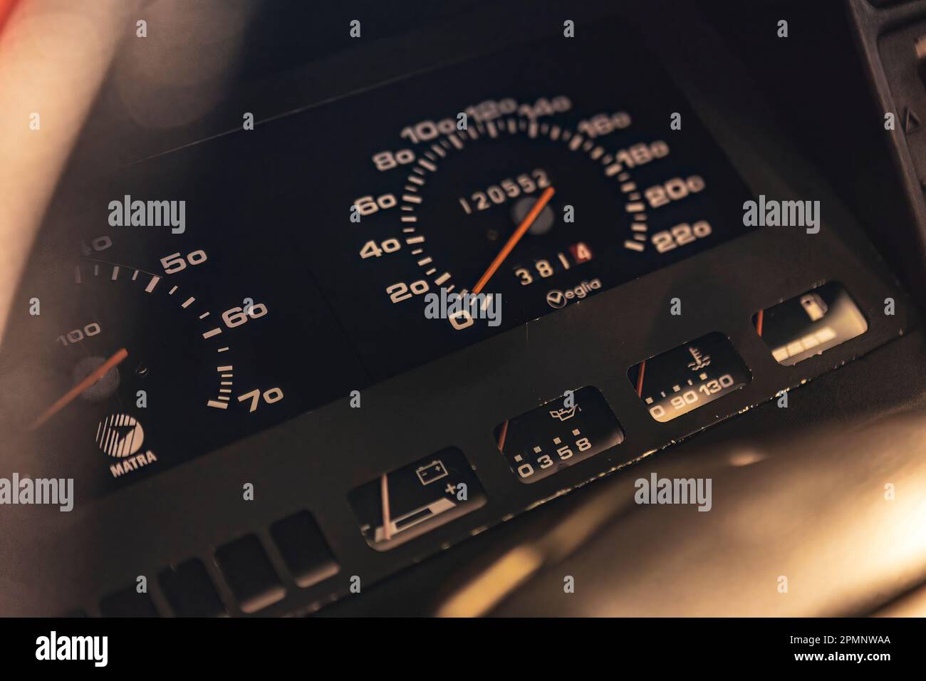 Milan, Italy 11 april 2023 Closeup of odometer and dashboard gauges