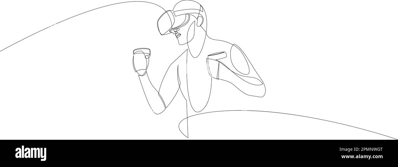 Man in virtual reality headset and motion controller one line art