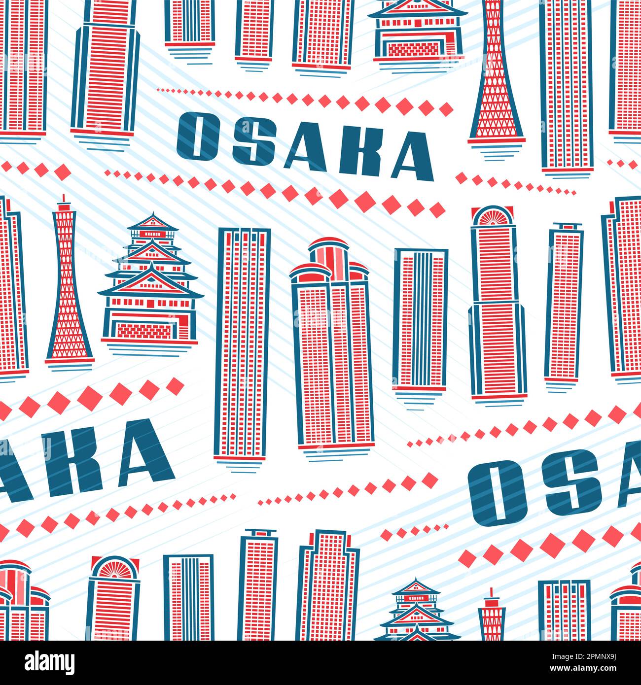 Vector Osaka Seamless Pattern, square repeating background with illustration of famous osaka city scape on white background for wrapping paper, decora Stock Vector