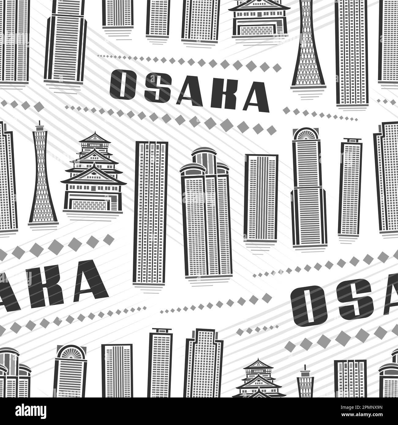 Vector Osaka Seamless Pattern, square repeat background with illustration of famous asian osaka city scape on white background for wrapping paper, mon Stock Vector