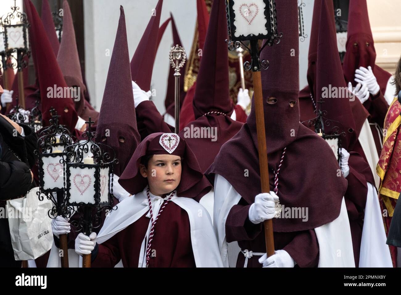 Hermandades with the Gitanos brotherhood prepare for a Good Friday procession at Holy Week or Semana Santa, April 6, 2023 in Ronda, Spain. Ronda, first settled in the 6th century B.C. has been holding Holy Week processions for over 500-years.  Credit: Richard Ellis/Richard Ellis/Alamy Live News Stock Photo