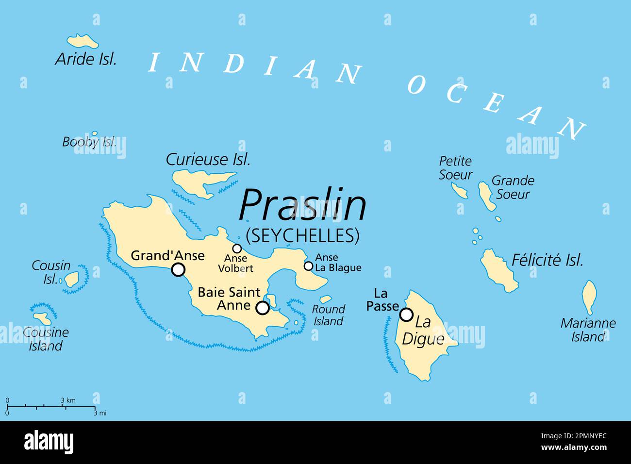 Praslin and nearby islands, political map. Second largest islands of the Seychelles, a Republic and archipelagic state in the Indian Ocean. Stock Photo