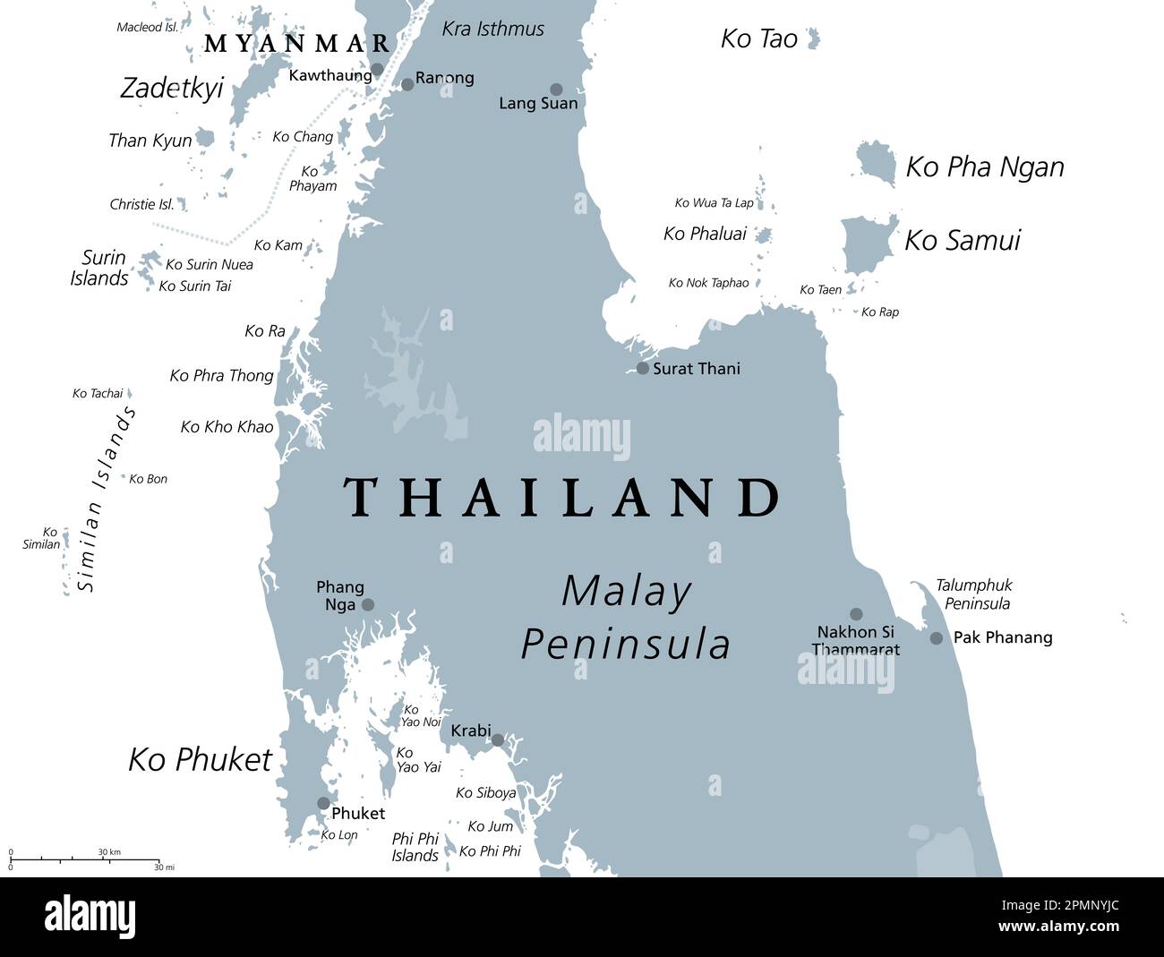 From Ko Samui to Phuket, Thailand, gray political map. Travel destinations west and east of the Malay Peninsula, off the coast of Thailand. Stock Photo