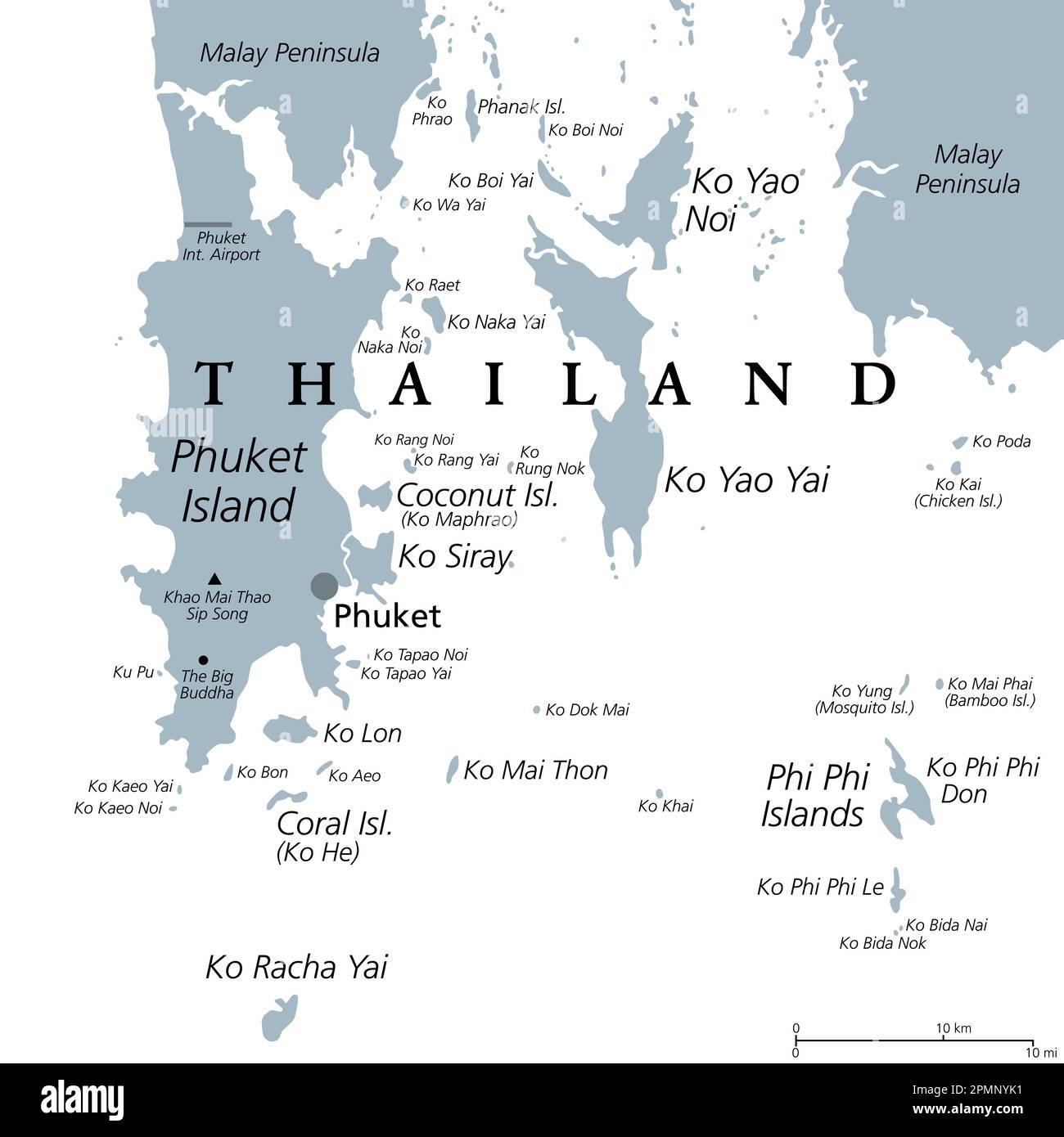 Phuket, largest Island of Thailand, gray political map, with surrounding area. Popular tourist region, with islands, south of Malay Peninsula. Stock Photo