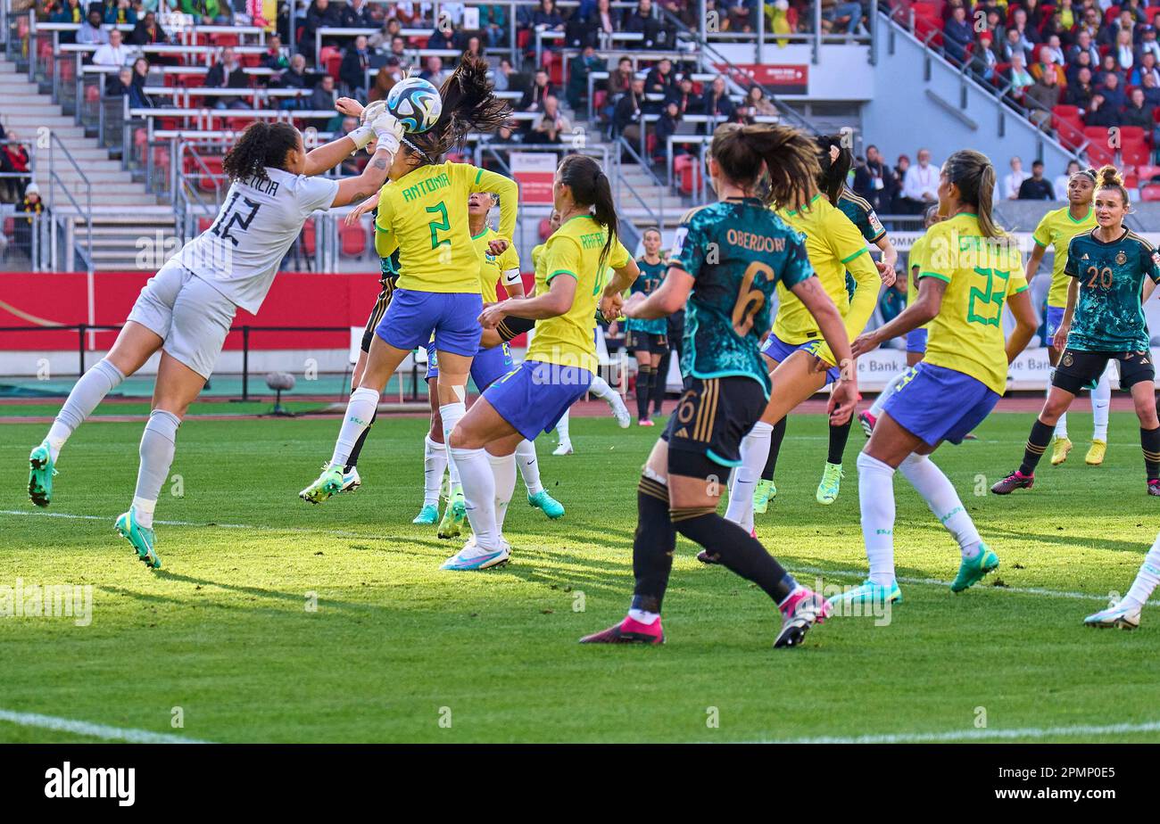 Leticia Silva, women BRA 12 Kathellen Feitoza, women BRA 3 Rafaelle Souza, women BRA 4  compete for the ball, tackling, duel, header, zweikampf, action, fight against Lea SCHÜLLER, DFB 7  in the friendly DFB women match GERMANY - BRASIL 1-2 Preparation for WM World Championships 2023 in Australia, New Zealand ,Season 2022/2023, on Apr 11, 2023  in Nuremberg, Nürnberg, Germany.  © Peter Schatz / Alamy Live News Stock Photo