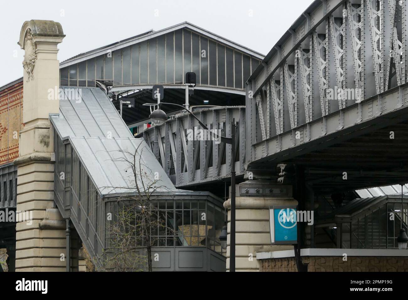 Paris, France. April 02. 2023. Aerial metro station, RATP, Sèvres Lecourbe. Metallic architecture covered with a glass roof. Stock Photo