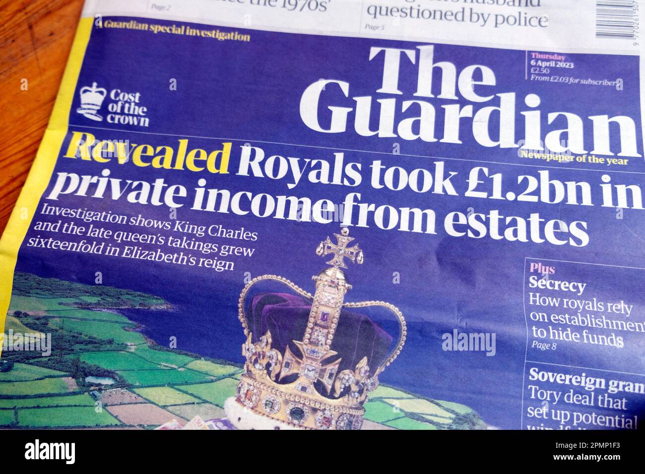 'Royals took £1.2bn in private income from estates' The Guardian newspaper headline front page British monarchy article on 6 April 2023 London UK Stock Photo
