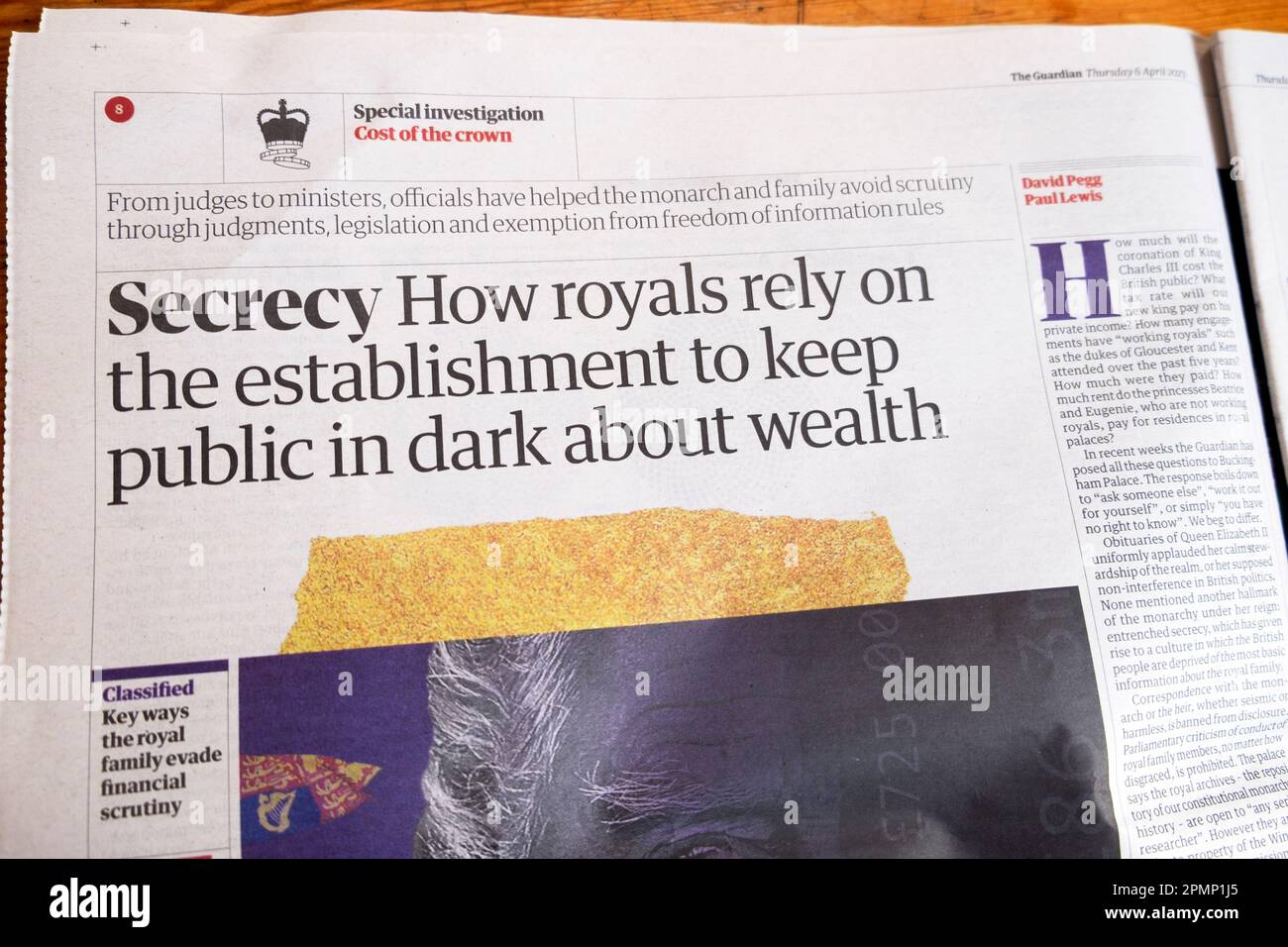 'Secrecy How royals rely on the establishment to keep public in dark about wealth' Guardian newspaper headline Cost of the Crown article 6 April 2023 Stock Photo