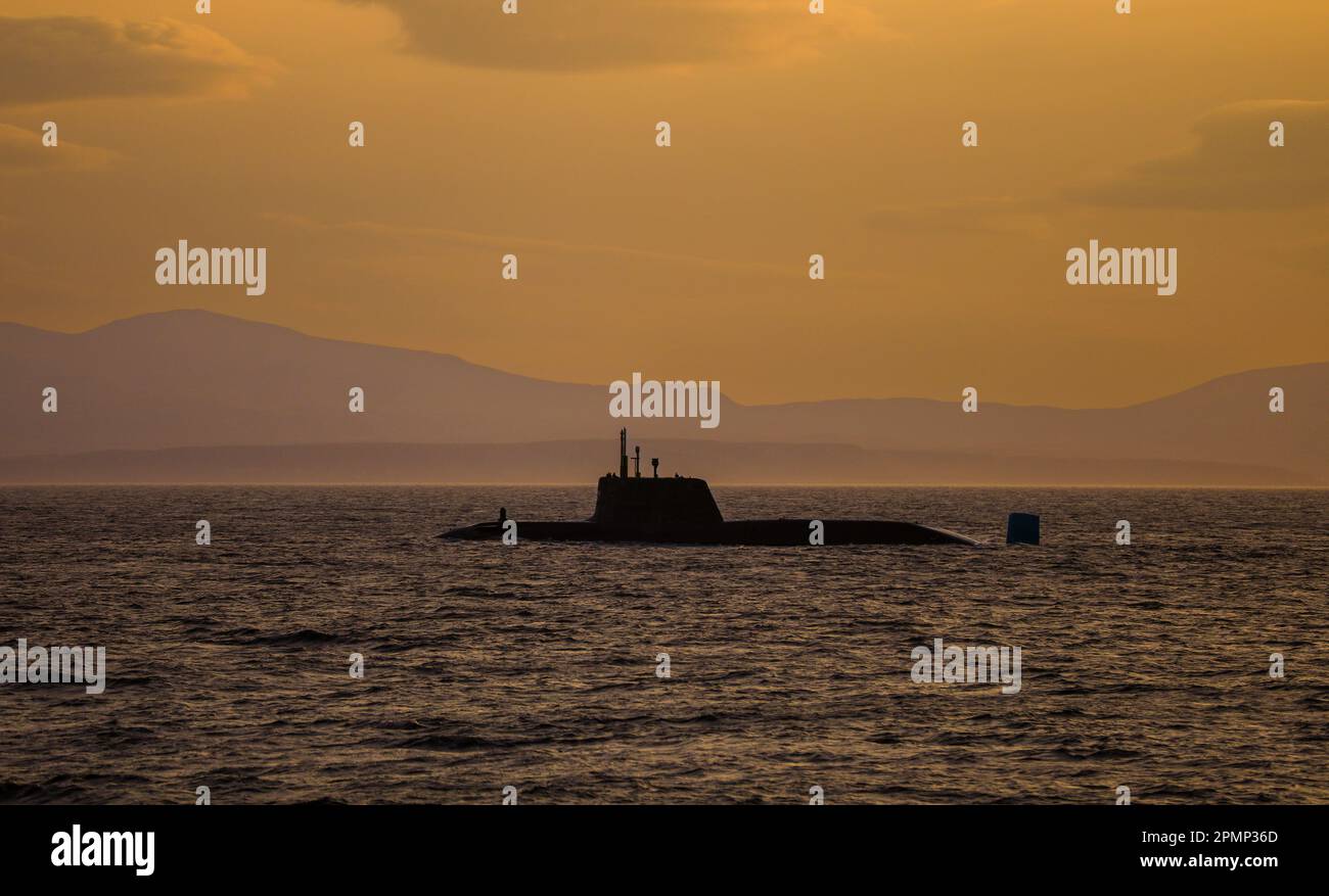 A surfaced Astute class nuclear powered hunter killer submarine of the Royal Navy Stock Photo