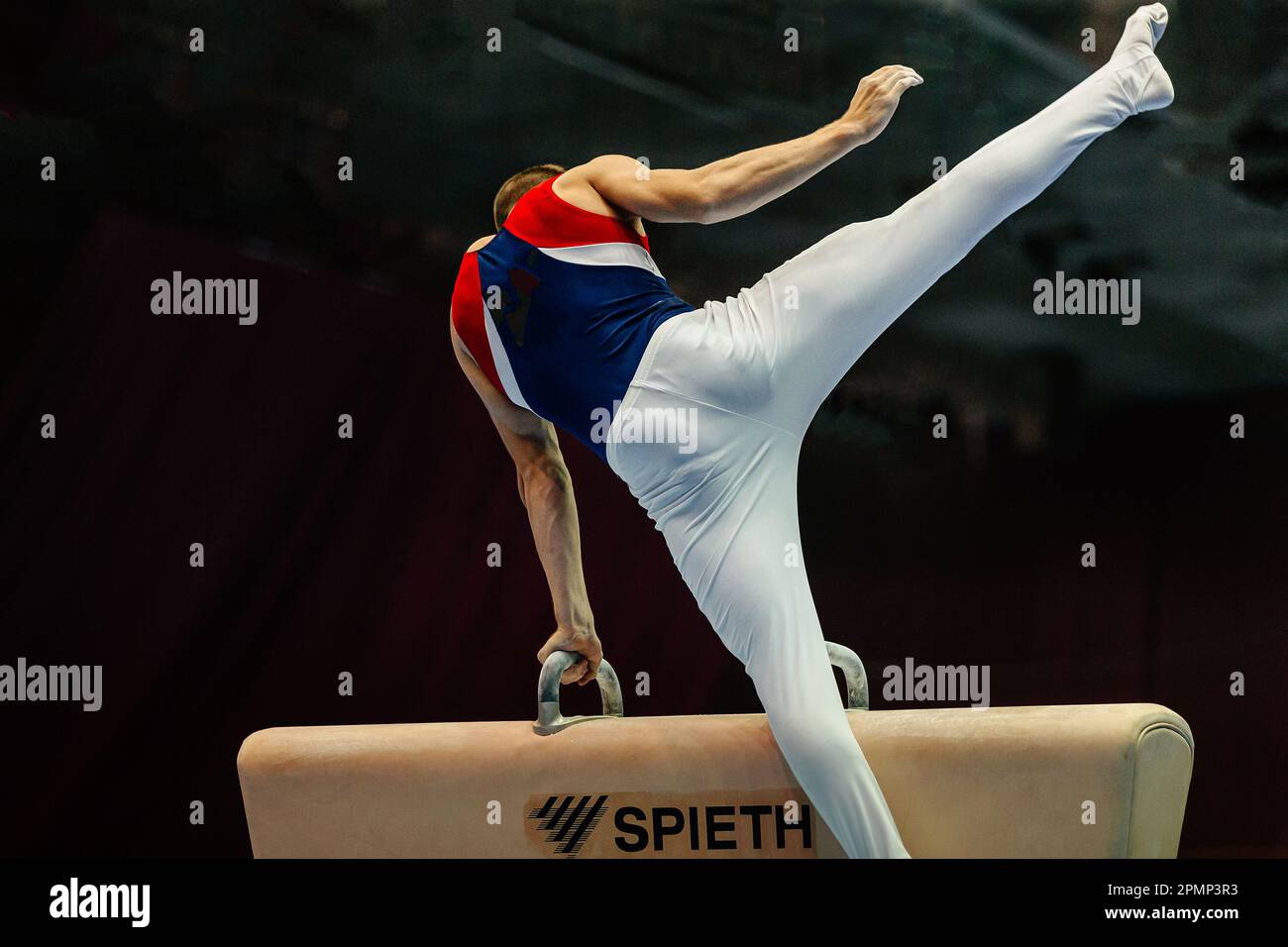 back gymnast exercise on pommel horse in gymnastics summer games