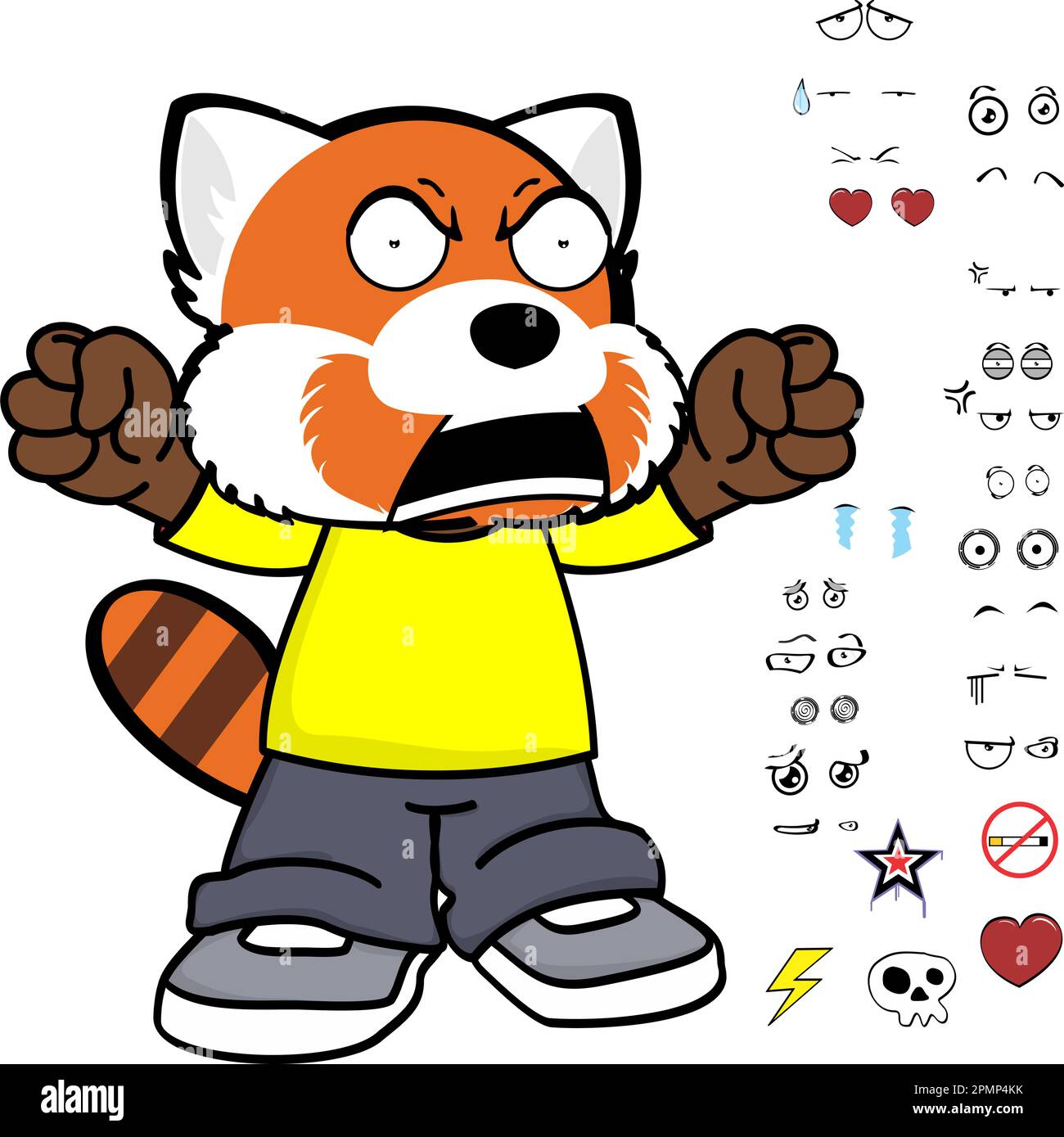 angry red panda kid character cartoon clothing, expressions pack in vector format Stock Vector