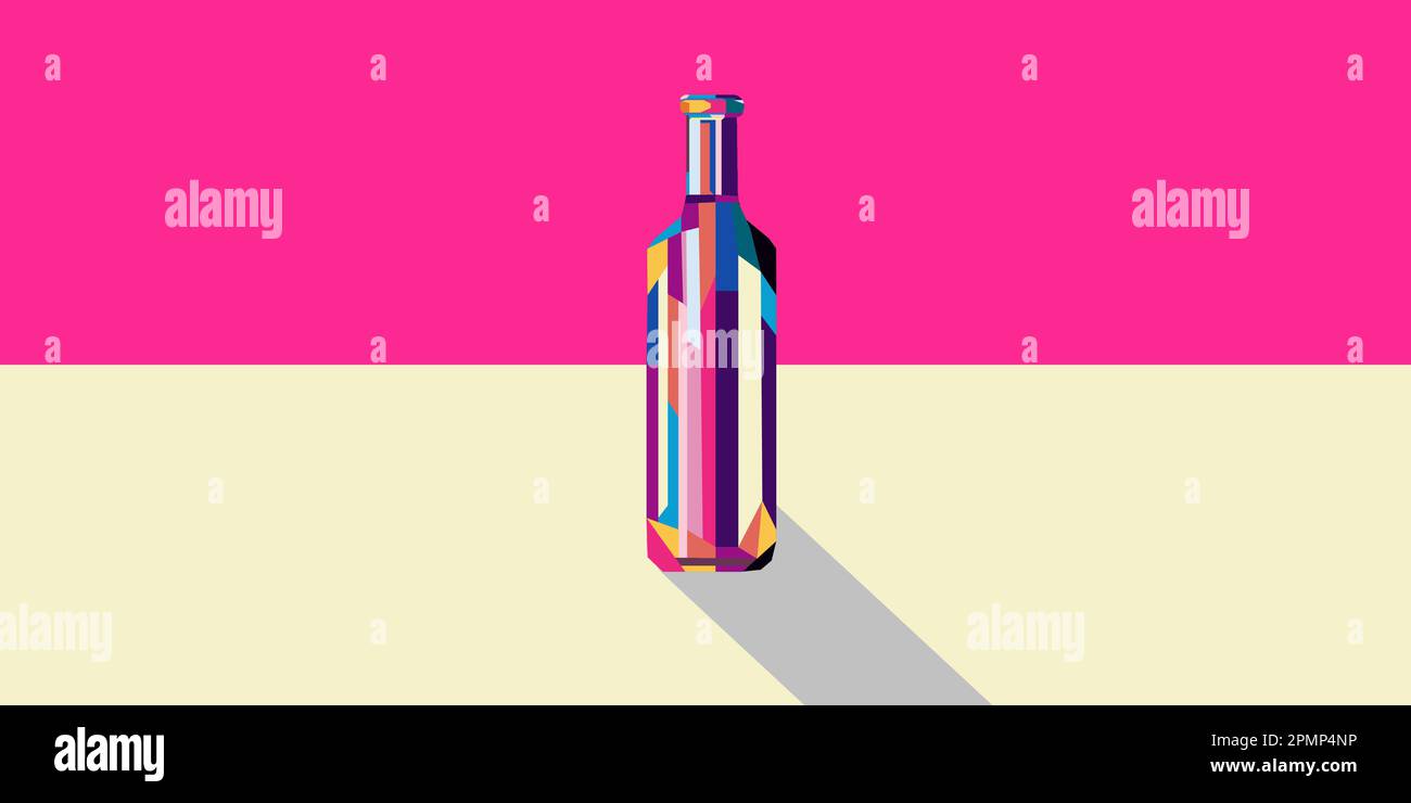 Multicolored wine bottle in cubism style on pink background in minimal style Stock Vector