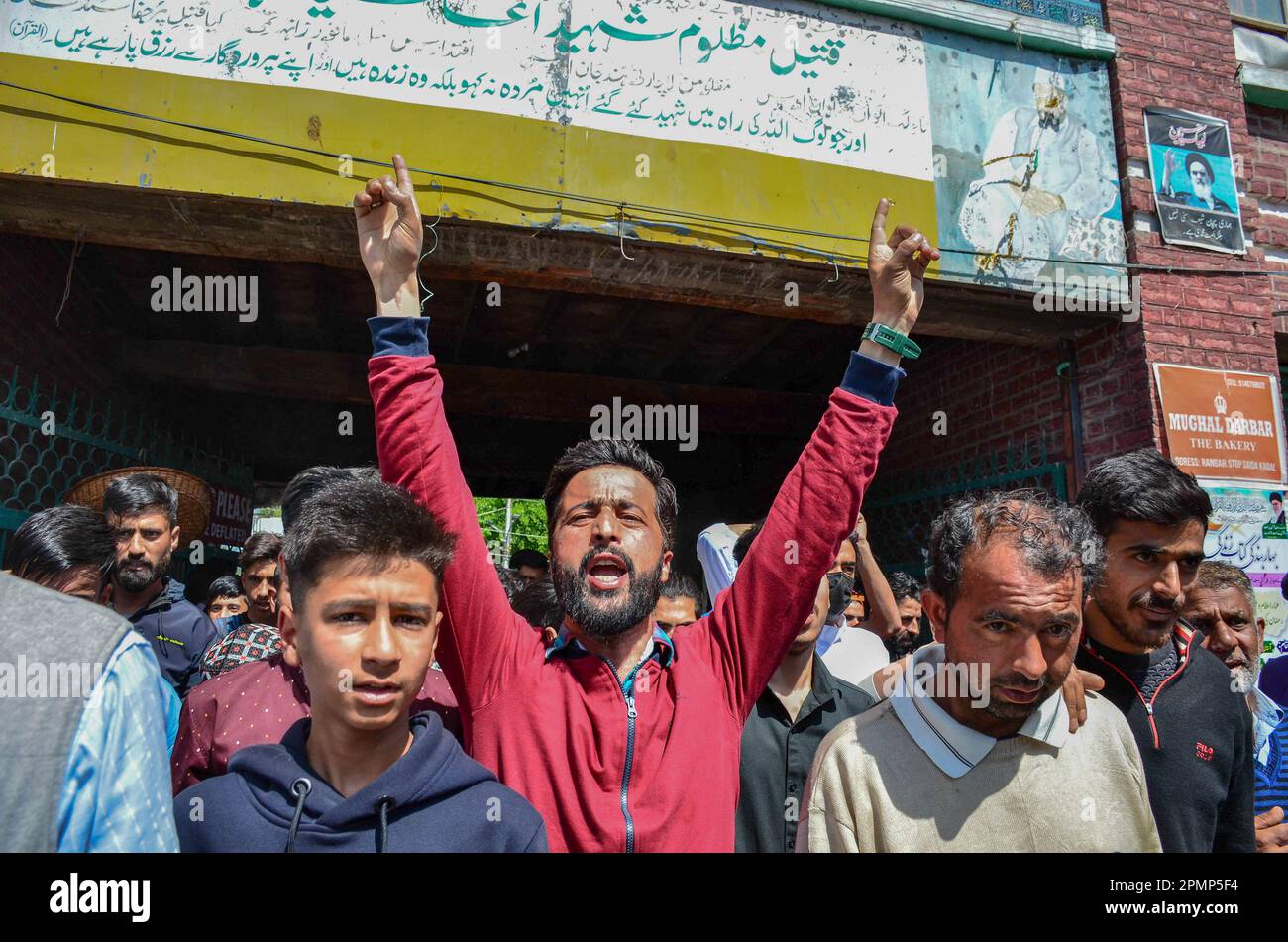 Srinagar, India. 14th Apr, 2023. A Kashmiri Shiite Muslim shouts ...