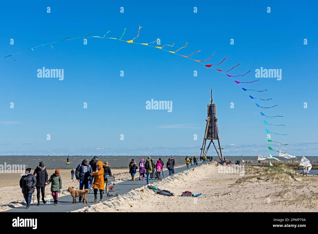 People, festoon, sea marker Kugelbake, North Sea, Elbe, Cuxhaven, Lower-Saxony, Germany Stock Photo