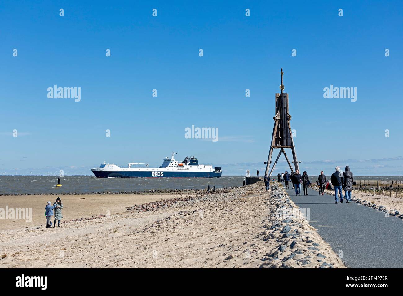 Ferry, sea marker Kugelbake, North Sea, Elbe, Cuxhaven, Lower-Saxony, Germany Stock Photo