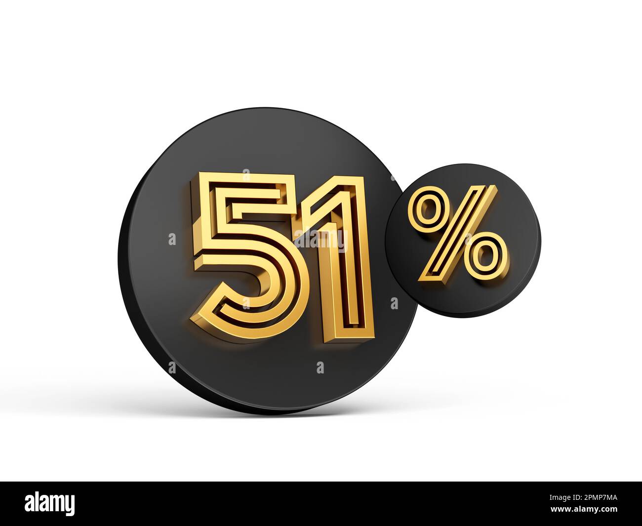 3D render of two black circles with golden 51 percent text on white background Stock Photo