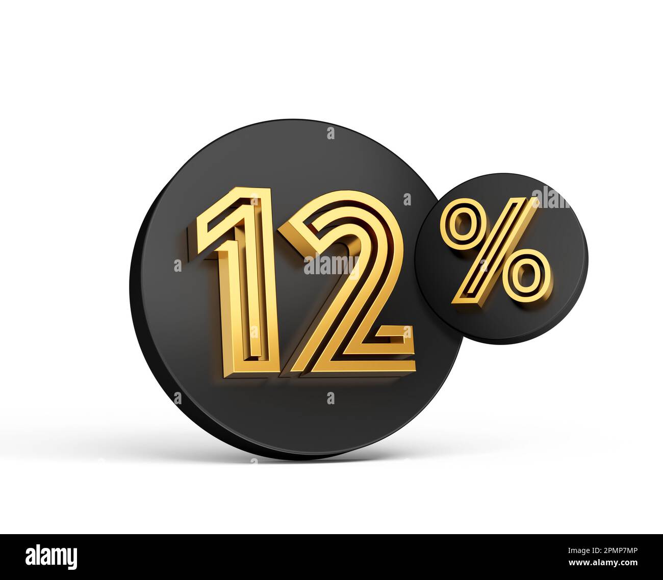 3D render of two black circles with golden 12 percent text on white background Stock Photo