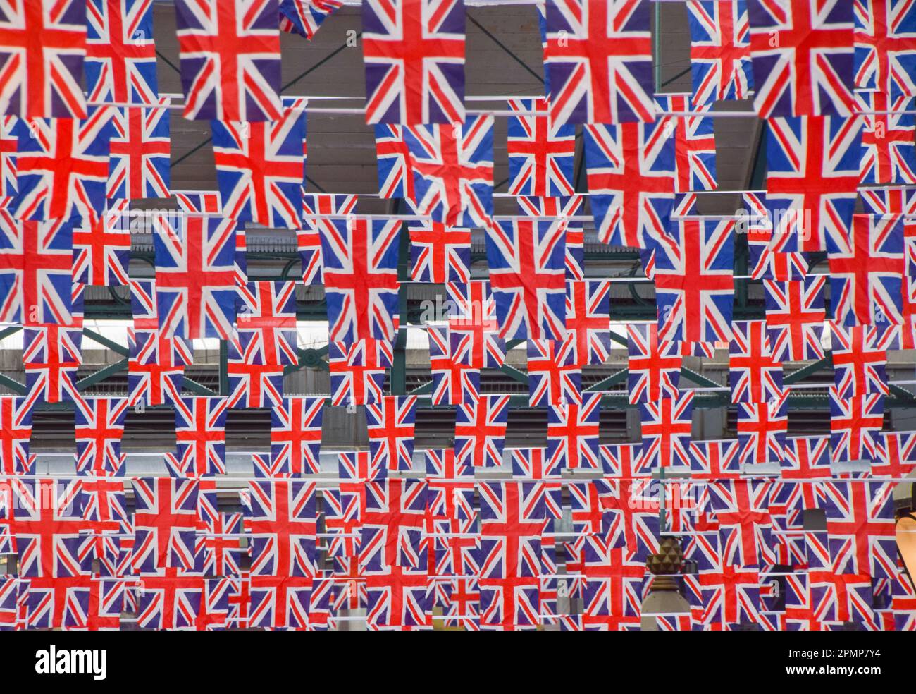 London, UK. 14th April 2023. Thousands of Union Jacks decorate Covent